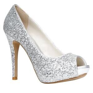 ALDO Women's NEEN Silver Glitter Sparkled Peep Toe Stiletto Platform Heels 9